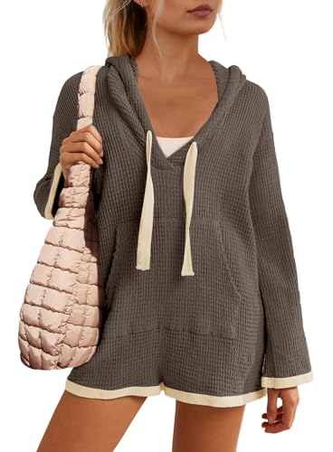 Yanekop Womens V Neck Romper Waffle Knit Jumpsuit Short Overalls ...
