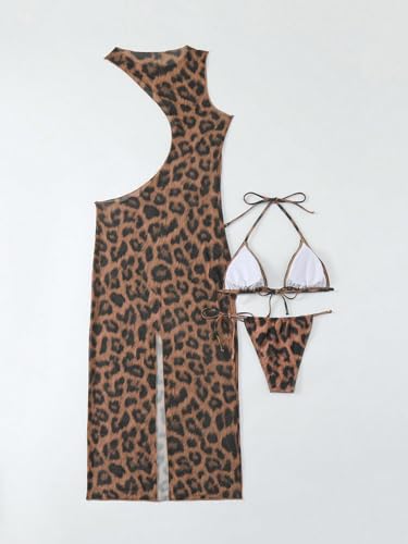 Women's 3 Piece Leopard Print Halter Tie Bikini Triangle Set with Beach Cover Up Dress High Cut Swimsuit Bathing Suit2