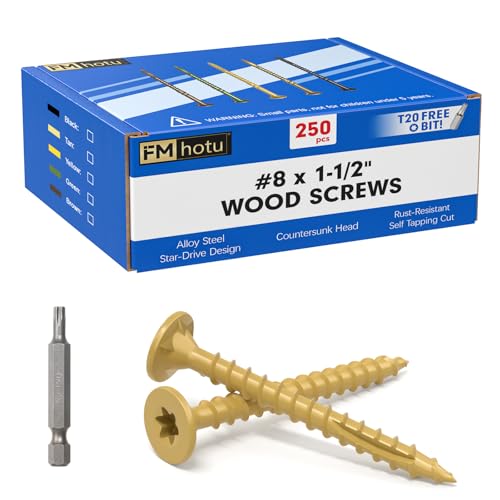 Image of #8 x 1-1 /2 inch Deck Screws, 250Pcs Star Drive Wood Screws, Rust Resistant Timber Screws for Timber /Log /Landscaping Wood, T20 Star Bit Included, Yellow