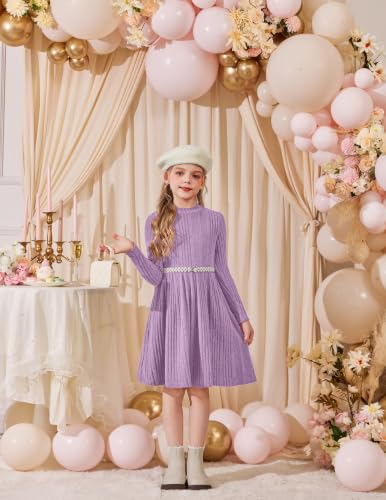 Image of Arshiner Girls Dresses Long Sleeve A Line Knit Sweater Dress with Pockets