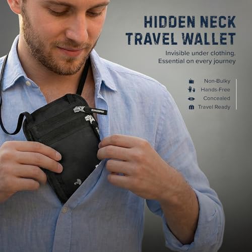 Image of Neck Wallet for Travel & Passport Holder with RFID Blocking - Slim & Easy to Conceal Nylon Travel Pouch for men & women - Holds Phone, Cash, Cards, Keys - Sweat & Water Resistant - Large - Black