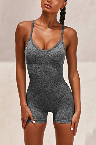 Olchee Women's Sexy Workout One Piece Romper Outfit - Bodycon Spaghetti Strap Yoga Shorts Jumpsuit - Heather Grey Size S #TOP1