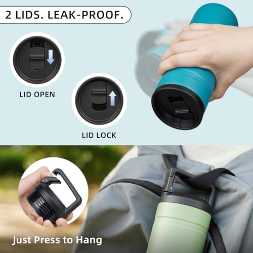 Image of BJPKPK 20 oz Insulated Travel Water Bottle, Coffee Tumbler Stainless Steel | Double Wall Vacuum, Leakproof, Thermal, Keeps Hot /Cold, Dishwasher Safe, Spill Proof, Wide Mouth, 2 Lids, Lake Blue