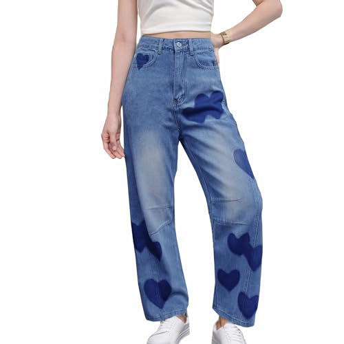 Baggy Jeans for Women Teen Girls High Waist Straight Ankle Leg Heart Print Y2K Boyfriend Jeans Trendy Loose 90s Mom Jeans