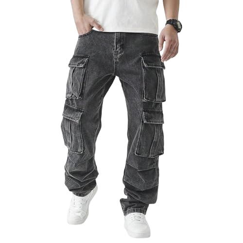 Men's Vintage Washed Cargo Jeans Streetwear High Waist Baggy Wide Leg Denim Pants Multiple Pockets Straight Jean (Medium,Gray 1)