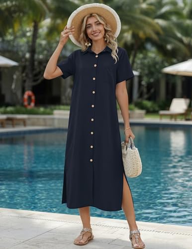 Image of HOTOUCH Womens Dress Summer Casual Midi Short Sleeve Button Down Shirt Dresses Loose Beach Cover Up with Pockets