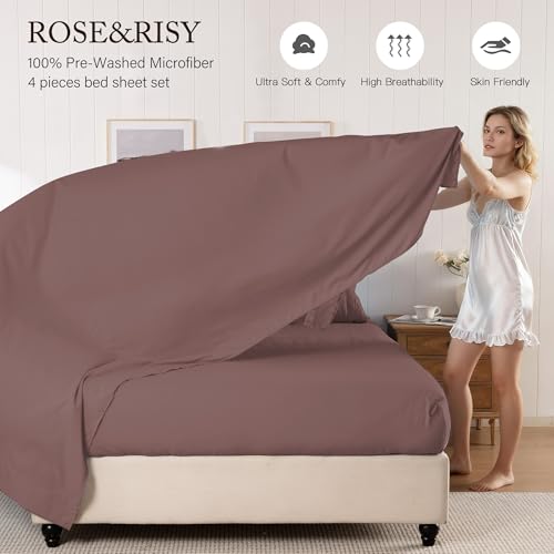 ROSE&RISY Queen Sheet Set, Pre-Washed Cotton-Like Brushed Microfiber, 4 Pcs Super Soft Breathable Cooling Bed Sets,Includes 1 Fitted, 1 Flat, 2 Pillowcases (Dusty Mauve, Queen) by ROSE&RISY - Used condition - Image 5