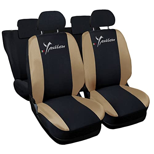 Autoaccessori Housses de siège auto compatibles Ypsilon Y noir beige | Set couvre-siège complet avant et arrière divisés 50 et 50 | Logo recamé | Airbag Compatible | Accessoires intérieur Lupex