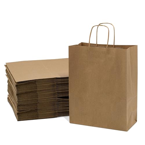prime line packaging medium brown paper bags with handles for small business, to go food, shopping, grocery, retail, party favors, 10x6.75x12, 50 pack