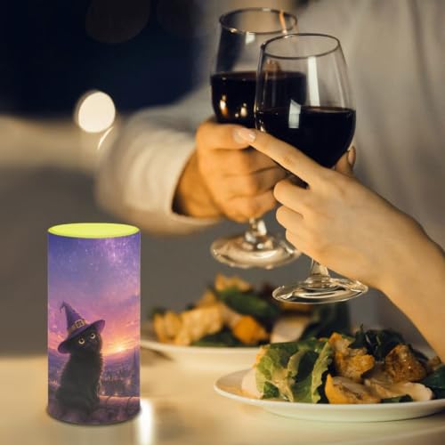 Image of Poceacles Flameless Candle Electric LED Lights with Timer Remote Color Lights, 3 AAA Batteries Operated (Not Include) Tealight for Home Indoor Halloween Decor, Wizard Hat Black Cat Galaxy Violet