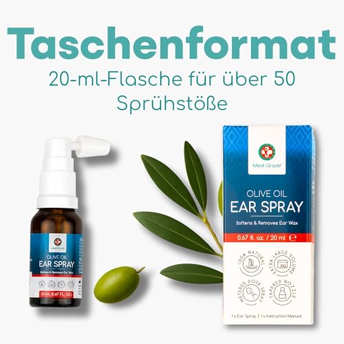 Medi Grade Olivenöl Spray Ohrenschmalz Entferner Spray bei Verstopften Ohren, 20 ml – 100% Natürliches, Weicht Verhärtetes Ohrenschmalz auf und Ablagerungen – Über 50 Effektive Ohrenreinigung Spray