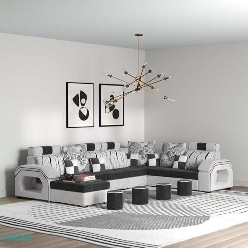 Image of Silvester 12 Seater Sofa Set for Living Room (Black-Grey) | Interchangeable U Shape Sectional Sofa | Solid Wood Frame & High-Density Supersoft Foam | Includes Puffy & Stool | Modern Home Furniture