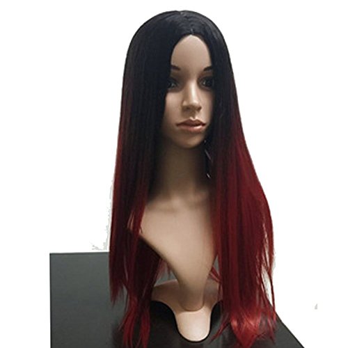 RightOn 27.5'' Long Straight Harajuku Style Ombre Cosplay Wig Heat Resistance Fiber with Wig Cap (Black Mixed Red)