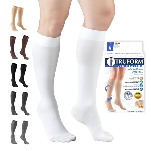 Image of Truform 20-30 mmHg Compression Stockings for Men and Women, Knee High Length, Closed Toe, White, X-Large