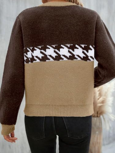 Image of chouyatou Women's Vintage Color Block Long Sleeve Pullover Sweater Houndstooth Printed Crewneck Jumper Tops