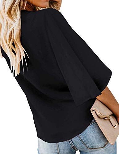 Kancystore Womens Button Down V Neck Tie Knot Front Tops 3/4 Sleeve Chiffon Casual Blouse Shirts2