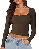 NODHUT Women's Square Neck Long Sleeve Top Cute Lace Trim Ribbed Cropped T Shirts Y2K Solid Slim Fitted Going Out Top Coffee L