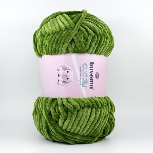 Image of Cuddly Velvet Chenille Yarn, Super Soft Fluffy Bulky for Knitting Crocheting Crafting Blanket Amigurumi, Durable for Shedding, 100 Gram (3.53 Ounces) 109 Yards (100 Meters) (Grass Green)