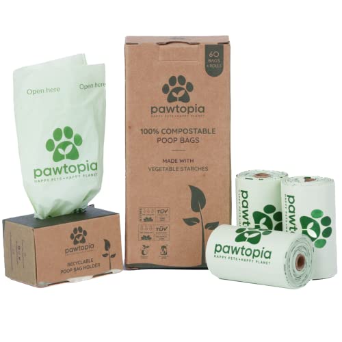 Image of Pawtopia Biodegradable Dog Poop Bags, 60 Count, Certified Home Compostable, Leak-Proof, Easy Open, Standard Size, Supports Sustainable Living | 60 Compostable Dog Poop Bags with Reusable Paper Dispenser, Leak-Proof, Easy Open, TUV AUSTRIA Certified