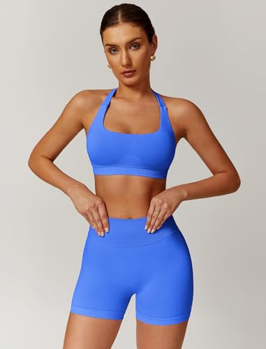 Image of ABOCIW Workout Sets for Women 2 Piece seamless Halter Sports Bra Scrunch Butt Impact Shorts Gym Yoga Outfits