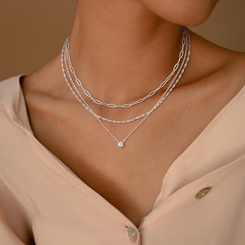 CHESKY Layered Silver Necklaces for Women Trendy,Streling Silver Dainty Stackable Charm Necklace for Womens Layering Paperclip Tennis Rope Chain Diamond Pendant Necklaces Jewelry Set for Women Gifts4