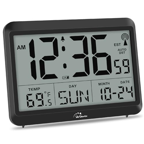 WallarGe Atomic Digital Wall Clock Battery Operated, Self-Setting, Large Display with Temperature,...