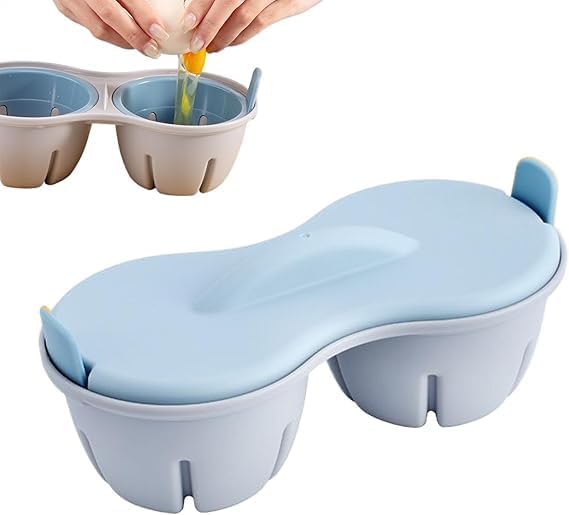 Microwave Egg Poacher Cooker BPA Free Dishwasher Safe Egg Maker with Measure Cup 2 Cavity Dining Room, Nonstick Poached Egg Maker with Cheese Resistant Kitchen Appliance (Blue)-image-2