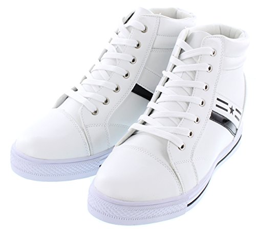 Calden Men's Invisible Height Increasing Elevator Shoes - White Leather Cap-Toe Lace-up High-top Sneakers - 3 Inches Taller - K107222 - Size 11 D(M) US3