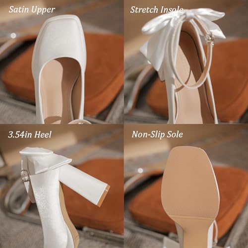 Women's Platform Chunky High Heel Pumps with Satin Bow Close Square Toe Adjustable Ankle Strap Mary Jane Heels Shoes Elegant Wedding Party Prom Dress Shoes3