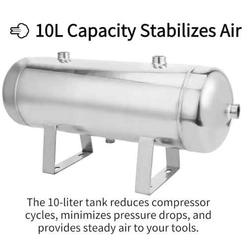 Image of Air Reservoir Tank 10L Portable 5 Port Compressed Air Storage for Workshop Garage 304 Stainless Steel Mirror Finish 2.1 Gallon Horizontal Pressure Tank 1.25MPa