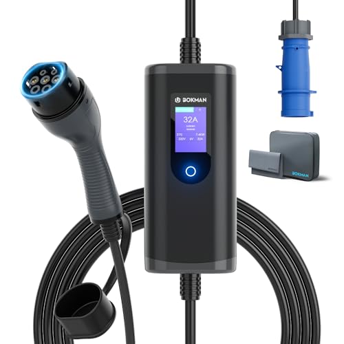 bokman Typ 2 Ladekabel mit CEE Stecker 7,4kW, 8 Meter | 6-32A | 1-Phasig | IP65 Wasserdicht, Tragbares EV-Ladegerät und Mobile Wallbox Ladestation für IEC 62196-2 mit Tragetasche & Mikrofaserhandtuch
