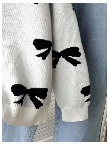 Image of BEAUDRM Girl's Bow Sweater Crew Neck Cute Sweaters Long Sleeve Knit Pullovers Sweater
