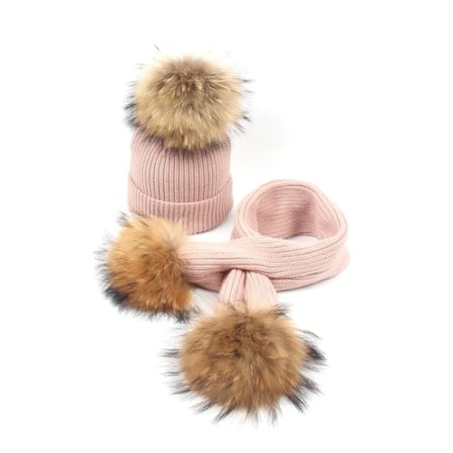 Didiseaon 2pcs Children's Hat and Scarf Set Girls Winter Knit Hat and Scarf Soft Raccoon Fur Toddler Warm Accessory Pink