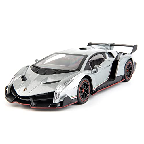 WAKAKAC Diecast Car for Lamborghini Veneno Model Car 1/24 Scale Pull Back Sports Toy Vehicle Door Can be Opened Toy Car(Gray)