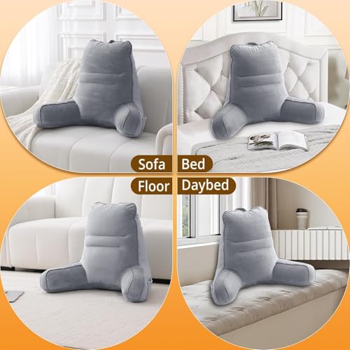 Sasttie Reading Pillows for Sitting in Bed Adult, Velvet Back Pillow for Bed Sitting Up, Taller Sit-Up Cushion for Adults with Side Pockets and Arms Support, Dark Grey
