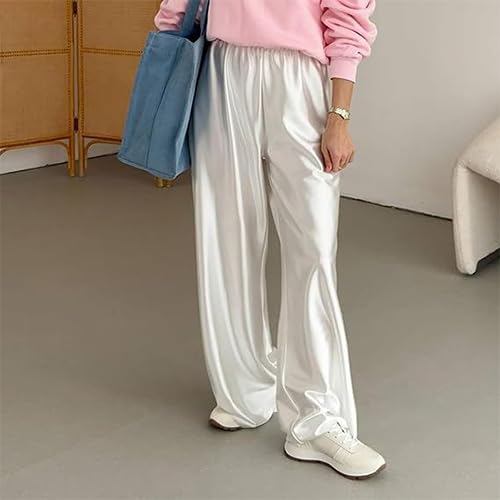 WANLUOSUXWomen's Metal Shiny Pants Silk High Waisted Elastic Waistband Casual Drape Trousers2
