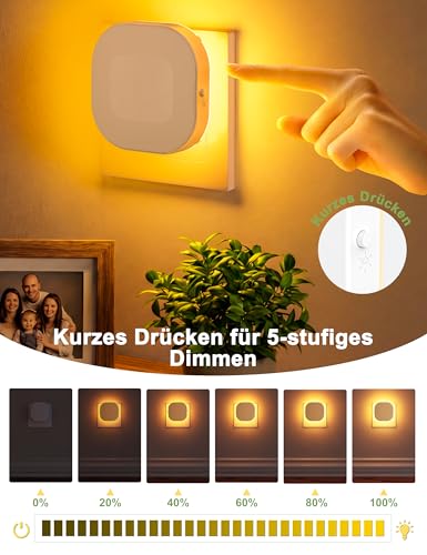 NIORSUN Nachtlicht Steckdose mit Bewegungssensor und Dämmerungssensor, 2 Stück 1800K-5000K LED hinterleuchtete Nachtlicht, Dimmbar Steckdosenlicht für Kinderzimmer, Schlafzimmer, Treppen, Gang