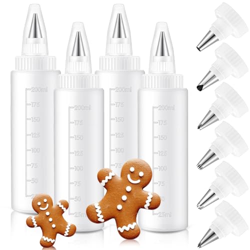LemonRoad 4 Pcs Piping Bottles for Icing Cookie Decorating Supplies Plastic Squeeze Bottles with 6 Different Piping Tips for Cookie Icing Kit Pancake Squeezing Applicator Writer(8 oz)