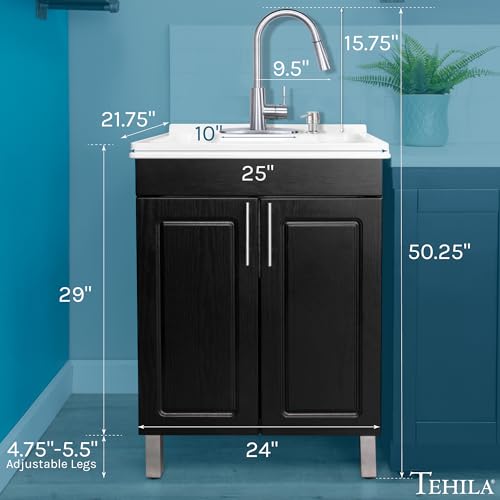 Image of JS Jackson Supplies Black Utility Sink Vanity Cabinet with White Laundry Tub, Stainless High-Arc Pull-Down Sprayer Faucet for Laundry Room, Mudroom, Basement
