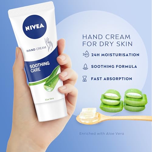 NIVEA Soothing Care Aloe Vera Hand Cream (75ml), 24H Moisturising Hand Cream for Dry Cracked Hands, Non-Greasy, Fast-Absorbing Formula Soothes Skin