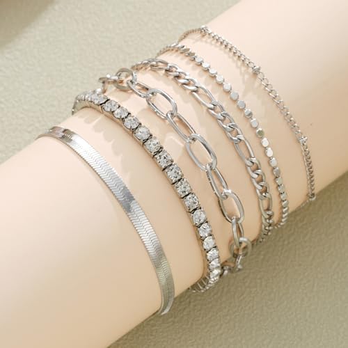 Image of Shining Diva Fashion Gold Plated Bracelet Set for Women & Girls | Set of 6 Trendy Chain Bracelets | Adjustable Layered Bracelet Combo for Daily Wear, Party, Office & Gifting