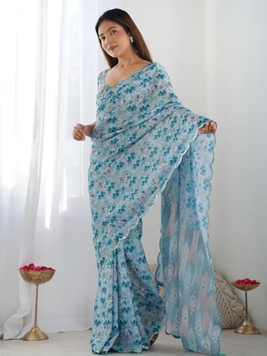 Image of Panzora Women's Chinon Printed Saree With Unstitched Blouse Piece