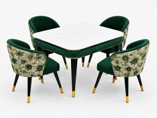 Image of WOODEN SPACE Majestic 4 Seater Wooden Dining Table Set | Urban Marble Top Dining Table with Chairs for Dining Room & Kitchen (Modern Classic Printed Dark Green) (54 x 36 x 30 inch)