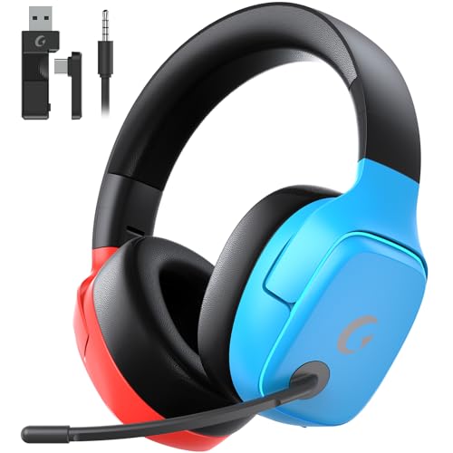 Gvyugke 2.4GHz Wireless Gaming Headset for Switch/Lite/OLED - Bluetooth 5.3 Gaming Headphones with 7.1 Surround Sound for Fortnite, 50mm Speakers, 70H Battery, Blue Lighting - BlueRed