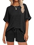 NLAND Mujer Conjunto Chándal 2 Piezas De Pantalones Verano Cortos Con Casual De Camiseta Bolsillos Y Cuello Redondo Top，Negro，S