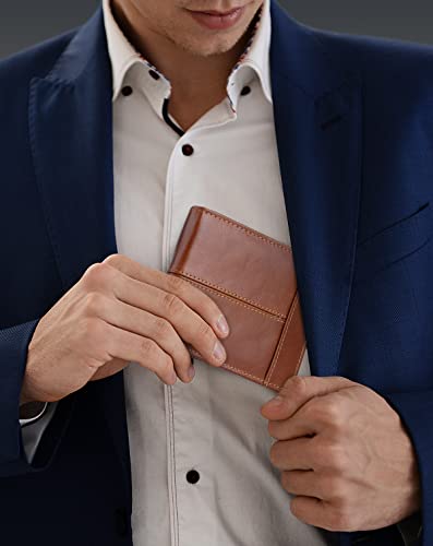 Image of Swallowmall Wallet for Men RFID Blocking Genuine Leather Mens Wallets Bifold with 1 ID Window 15 Card Slots redbrown