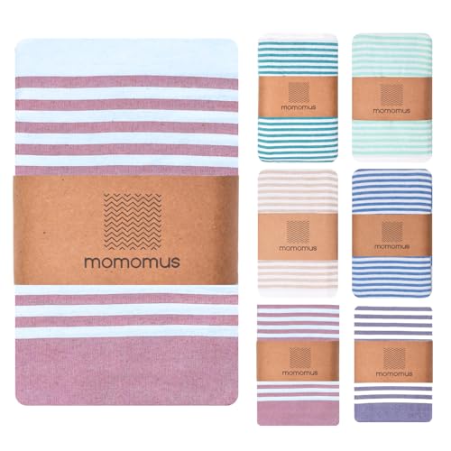 MOMOMUS Fouta XXL ou fina manta de piquenique para praia - leve, com franjas, às riscas - toalha / esteira de praia grande, manta de praia anti-areia - salmão, 210 x 240 cm