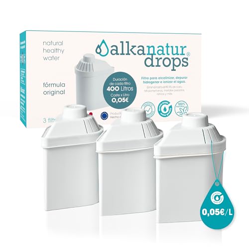 Pack 3 Filtros de Agua Alkanatur Drops Ecológicos - Depura Alcaliniza Hidrogena Ioniza - Elimina Cloro Metales Pesados Añade Magnesio pH 9 - Cartuchos Libres de Tóxicos - ALKANATUR