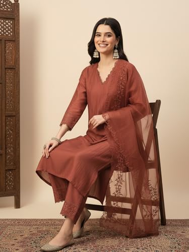 Image of FABIAN FASHION Women's Maroon Straight Kurta Palazzo Pant with Organza Dupatta Set Festive Ethnic Wear(ES 2537)