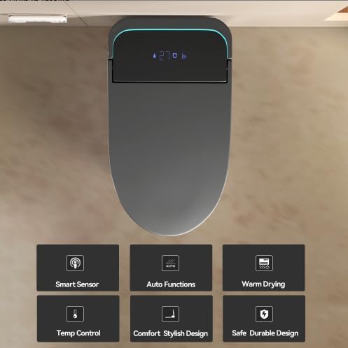 Inodoro inteligente moderno con bidé integrado, inodoros de una pieza en gris con secador, inodoro japonés con luz nocturna y pantalla LED, inodoro eléctrico con tapa de apertura y cierre automático, asiento calefactado (gris) miniatura 9